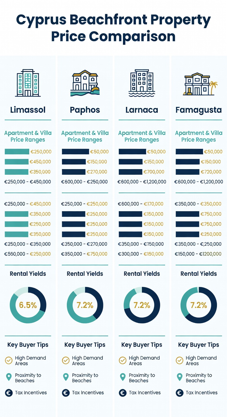 Beachfront Property for Sale in Cyprus: Complete 2026 Buyer’s Guide 1 Beachfront property prices comparison across Cyprus districts - Limassol, Paphos, Larnaca, and Famagusta with apartment and villa price ranges and rental yields