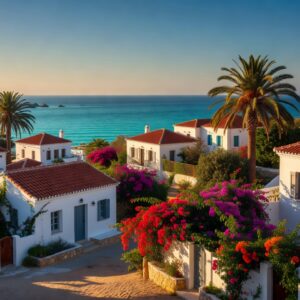 Scenic Mediterranean coastal village in Cyprus with white houses, turquoise sea, and palm trees