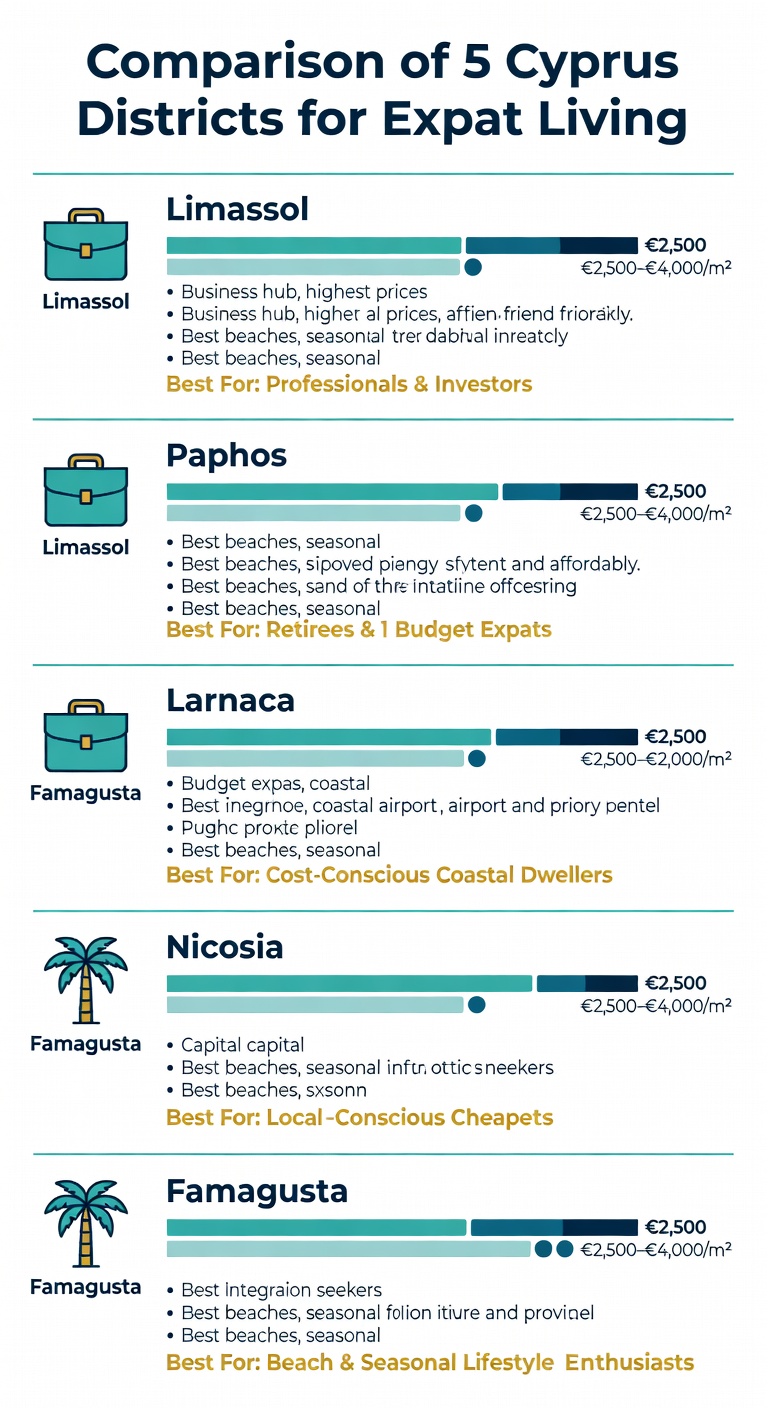 Infographic comparing five Cyprus districts for expat living: Limassol, Paphos, Larnaca, Nicosia, and Famagusta with property prices, lifestyle features, and who each district is best for