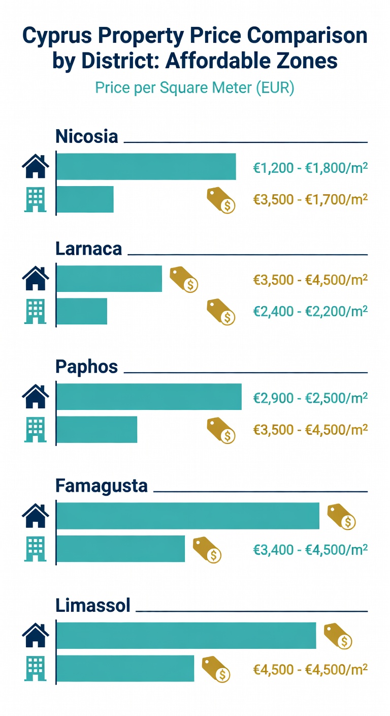 Cheap Property in Cyprus: Where to Find Affordable Homes in 2026 1 Infographic comparing Cyprus property prices by district - cheapest to most expensive
