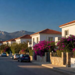 Modern detached houses for sale in suburban Nicosia, Cyprus, with terracotta roofs and bougainvillea, 2026