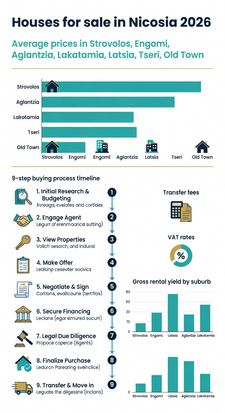 Infographic: houses for sale in Nicosia 2026 — average prices in Strovolos, Engomi, Aglantzia, Lakatamia, Latsia, Tseri, and Old Town, plus 9-step buying process, transfer fees, VAT rates, and gross rental yield by suburb