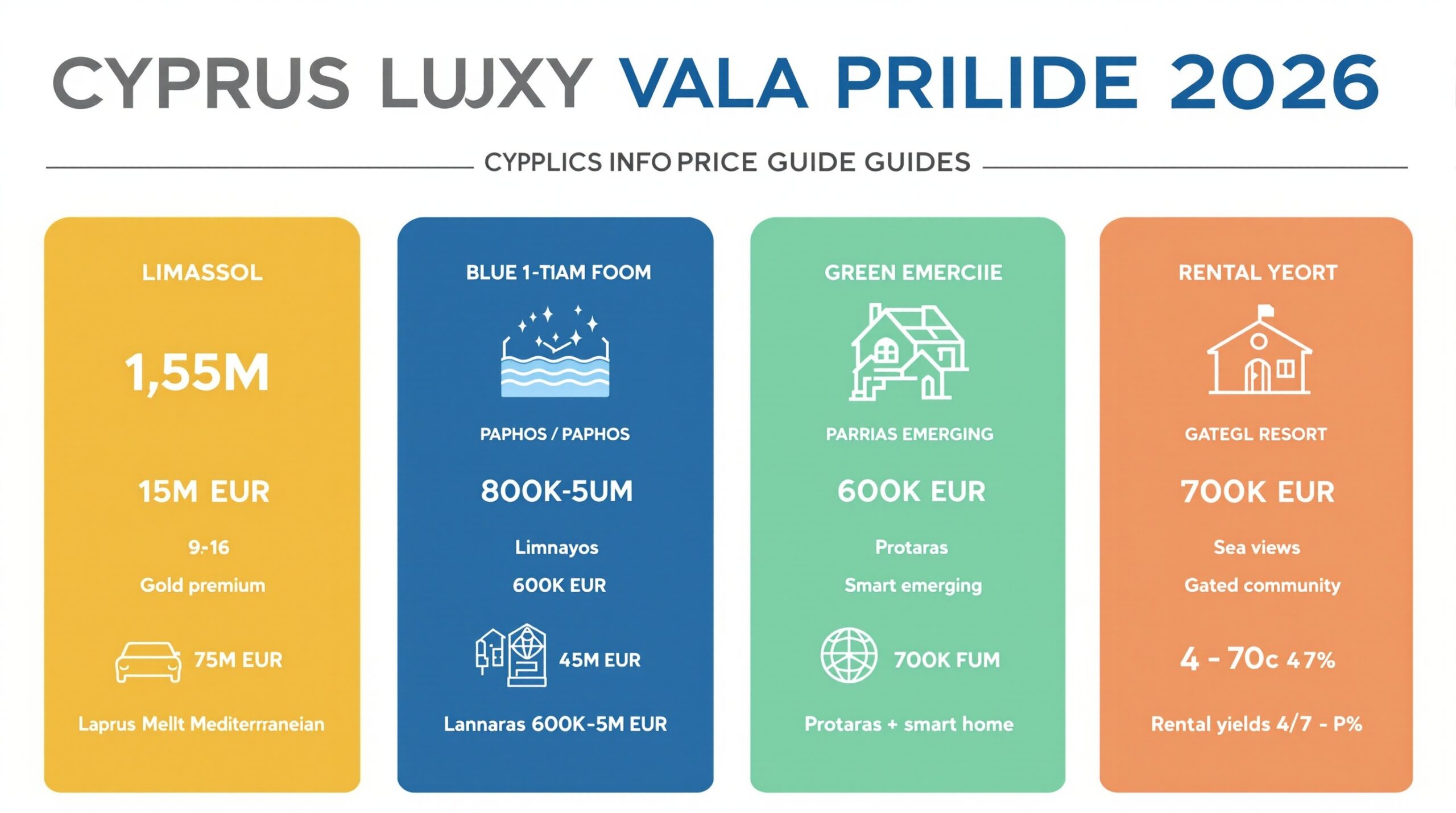 Cyprus Luxury Villa Price Guide 2026 infographic showing prices by district: Limassol, Paphos, Larnaca, and Protaras with key features and rental yields