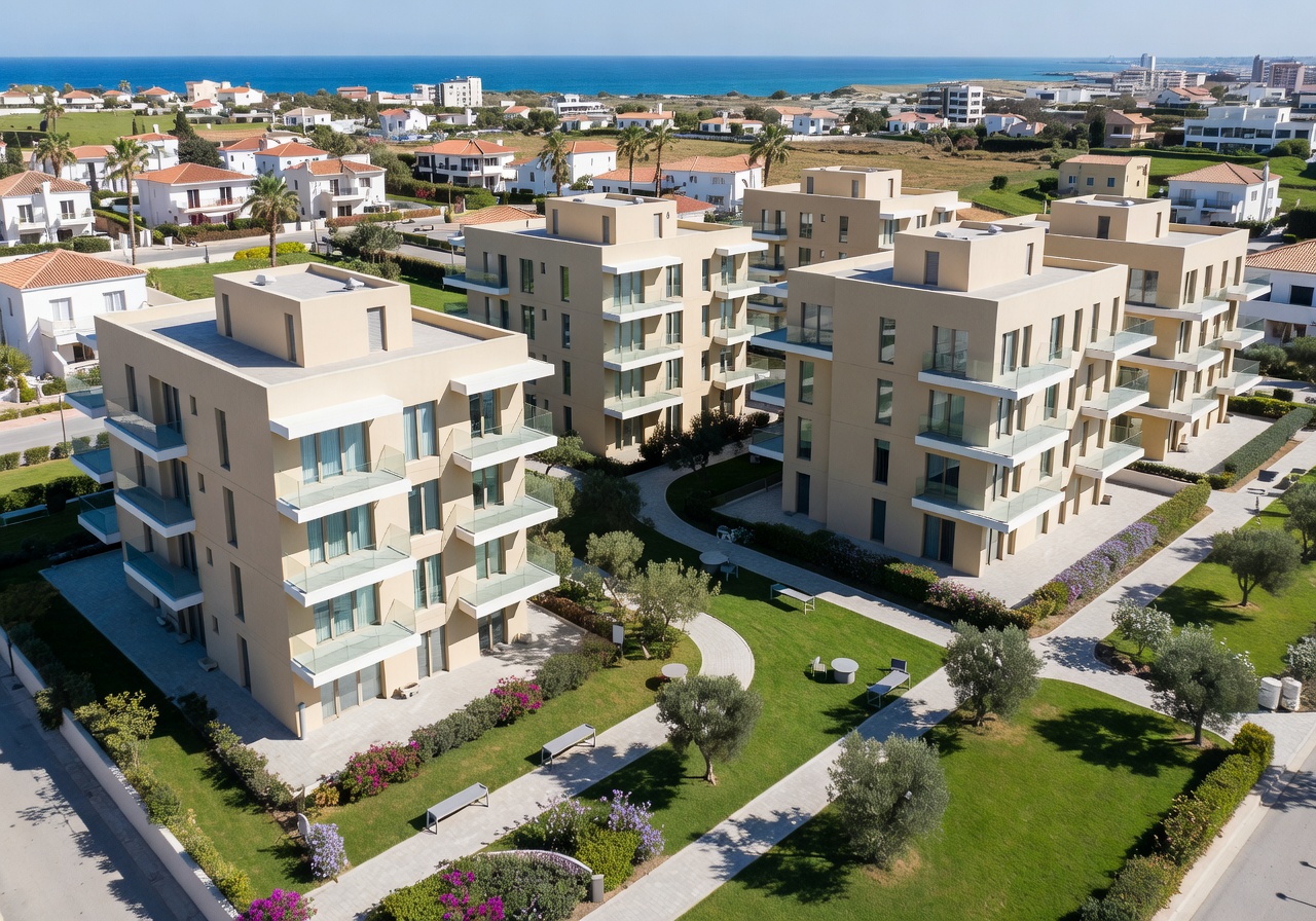 Aerial view of a new mid-rise residential development by a Cyprus property developer in suburban Limassol, with several modern apartment blocks and landscaped gardens