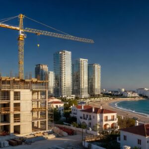 New high-rise property developer project under construction in Limassol Cyprus with cranes and Mediterranean coastline