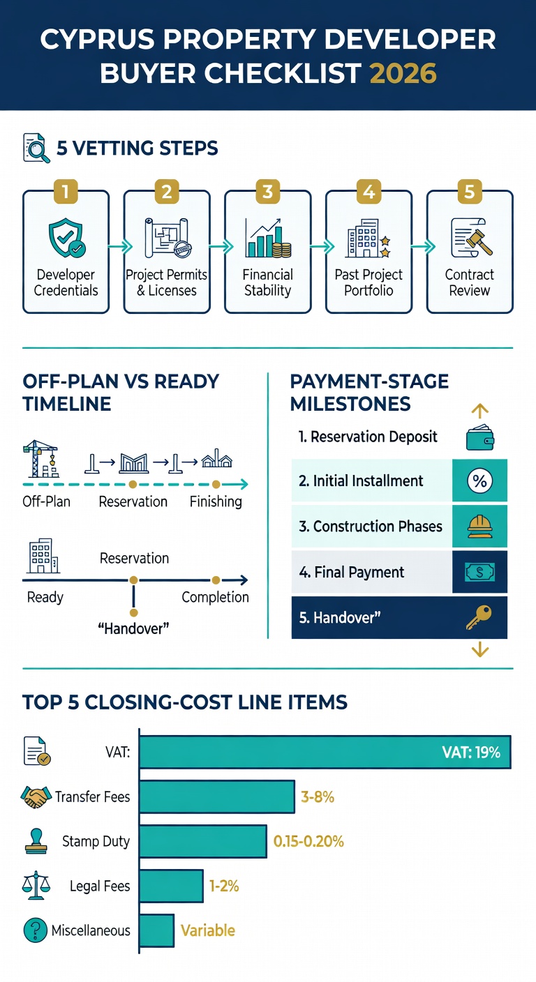 Infographic: how to choose a property developer in Cyprus 2026 — 5 vetting steps, off-plan vs ready timeline, payment-stage milestones from reservation deposit to handover, and key closing-cost line items