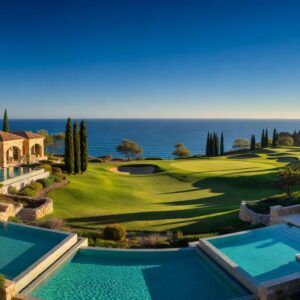 Luxury Mediterranean villas with private pools and sea views at Aphrodite Hills resort in Paphos Cyprus overlooking the championship golf course at golden hour