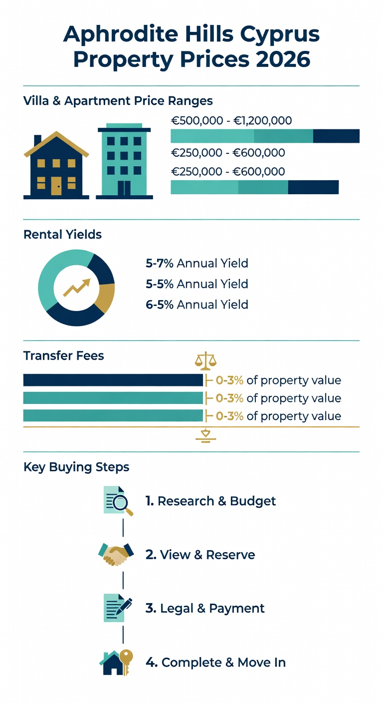 Property for Sale in Aphrodite Hills, Cyprus: Complete 2026 Buyer's Guide 1 Aphrodite Hills Cyprus property prices 2026 infographic — villa and apartment ranges, rental yields, golf-front premiums and key buying costs