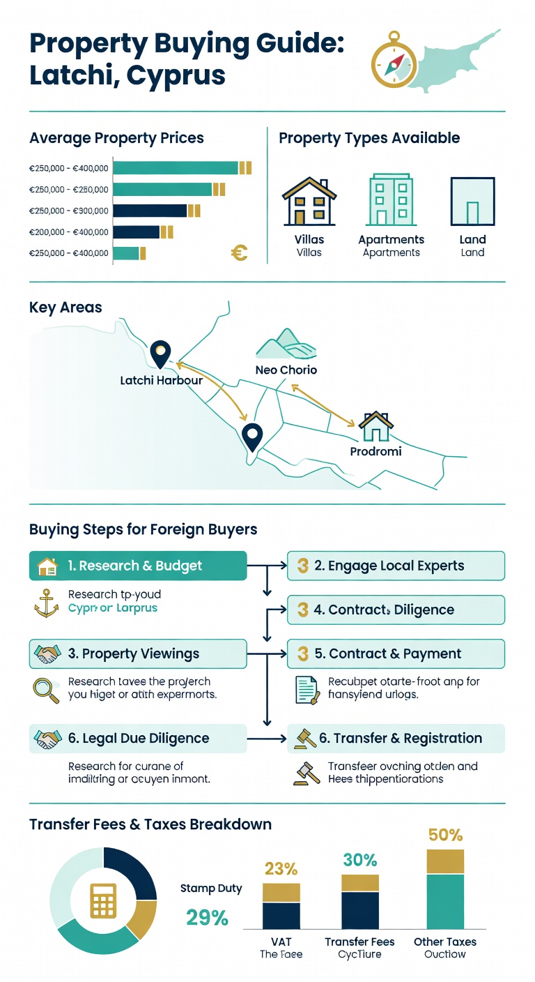 Property for Sale in Latchi, Cyprus: Complete 2026 Buyer's Guide 1 Infographic showing property prices, types, and buying steps in Latchi Cyprus