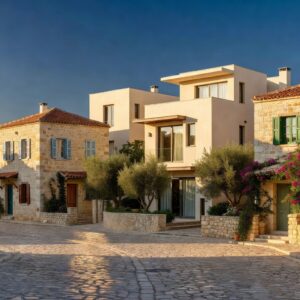 Paralimni town square and modern Cyprus villas with Mediterranean architecture at golden hour