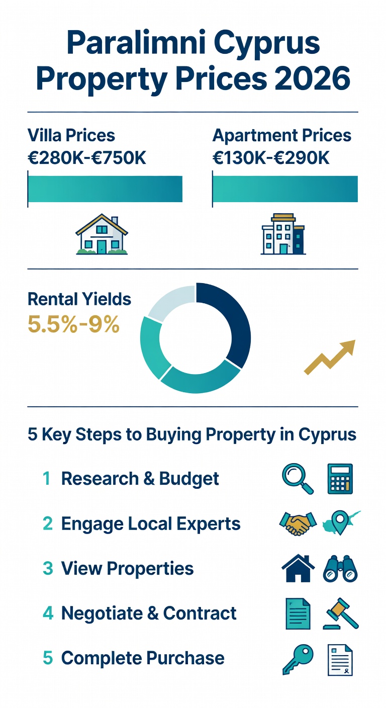 Paralimni Cyprus property prices 2026 infographic — villas, apartments, rental yields and key buying costs