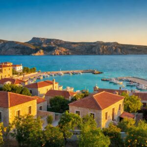 Polis Chrysochous coastline and traditional Cypriot stone villas overlooking Latchi harbour and the Akamas peninsula at golden hour