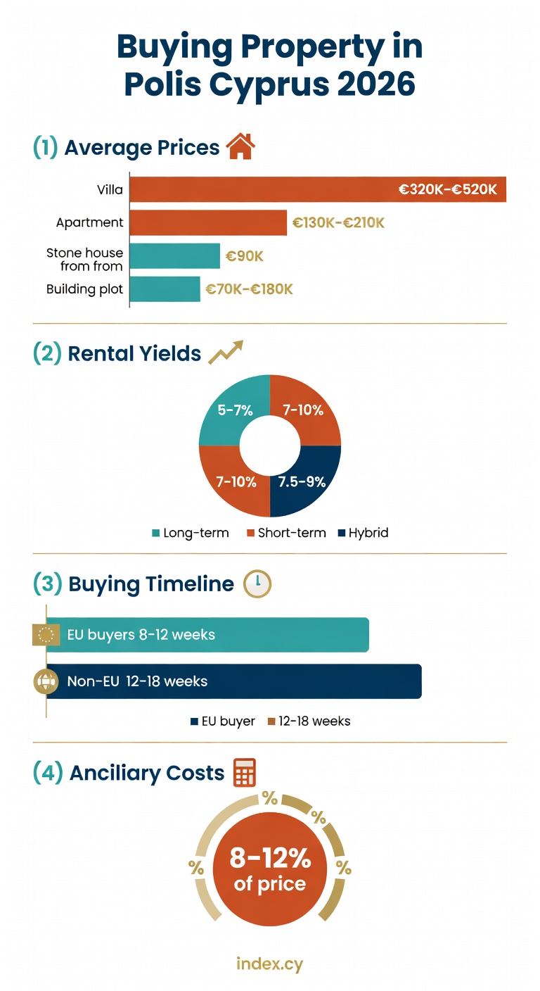 Polis Cyprus property prices 2026 infographic — villas, apartments, plots, rental yields and key buying costs