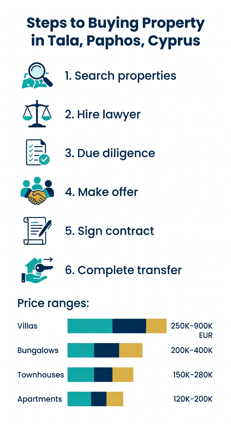Infographic showing steps to buying property in Tala Paphos Cyprus with price ranges for villas, bungalows, townhouses and apartments