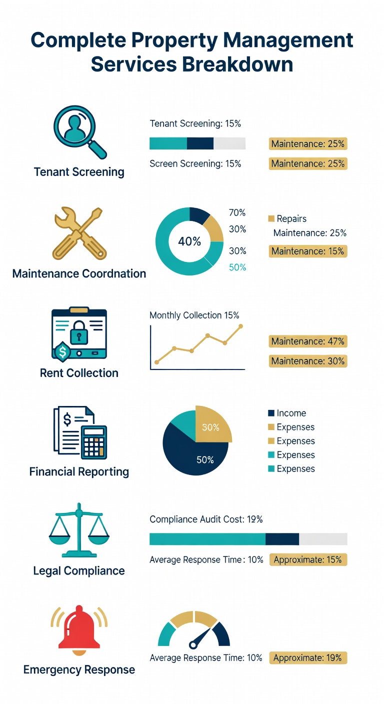 Infographic showing property management services breakdown in Cyprus including tenant screening, maintenance, rent collection and legal compliance