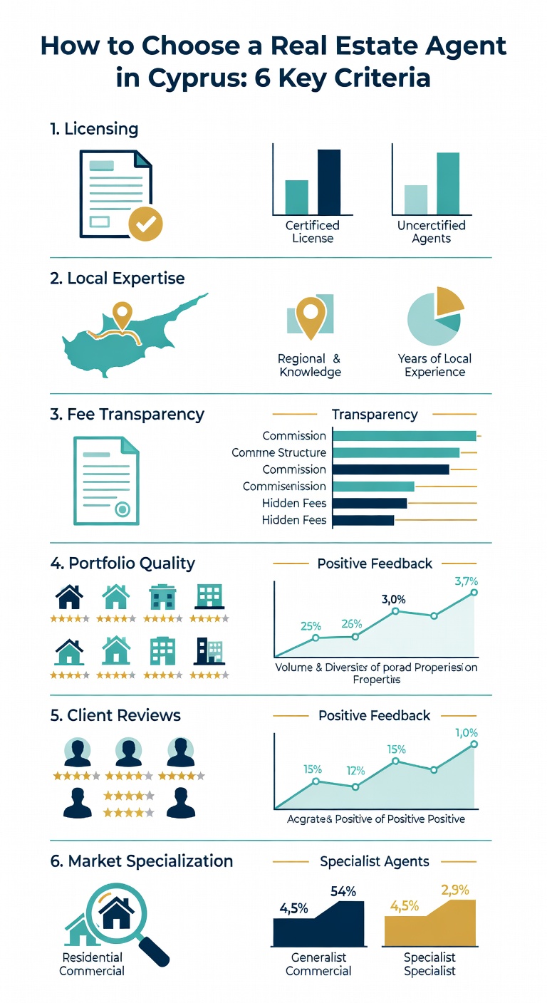 Infographic showing 6 key criteria for choosing a real estate agent in Cyprus