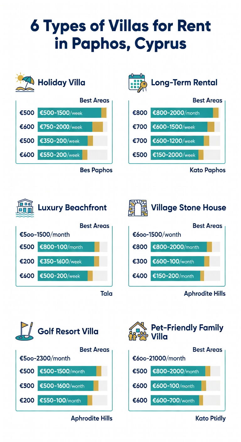 Villas for Rent in Paphos: Complete 2026 Guide to Holiday & Long-Term Rentals 1 Infographic showing types of villas for rent in Paphos, Cyprus with price ranges and best areas