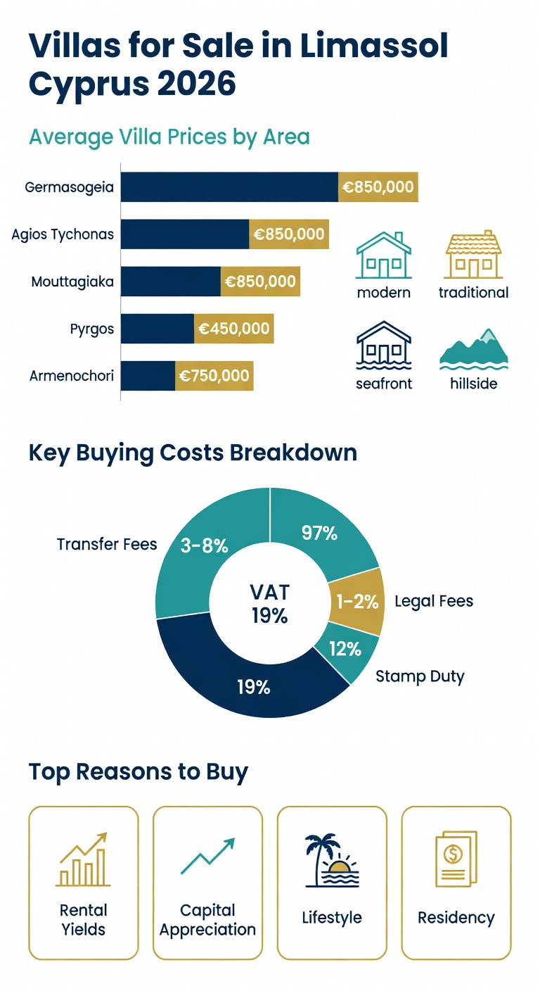 Villas for Sale in Limassol: Complete 2026 Buyer's Guide 1 Infographic showing villa prices, buying costs, and top areas in Limassol Cyprus 2026