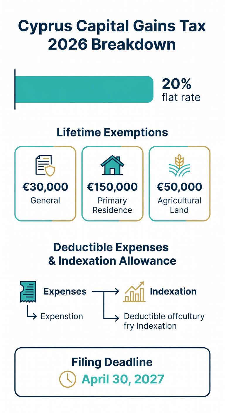 Cyprus Capital Gains Tax 2026 infographic showing rates, lifetime exemptions, and deductible expenses