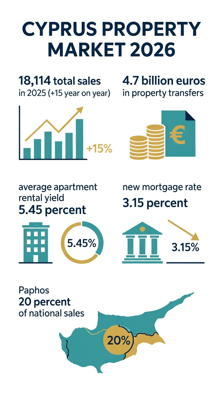 Cyprus Property Market 2026: Trends, Prices & Forecast 2 Infographic of Cyprus property market 2026 key statistics: sales, transfers, rental yields and mortgage rates