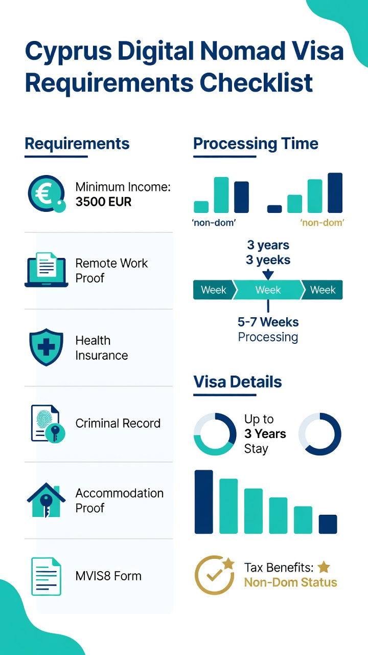 Infographic showing Cyprus digital nomad visa requirements including income, documents, and timeline