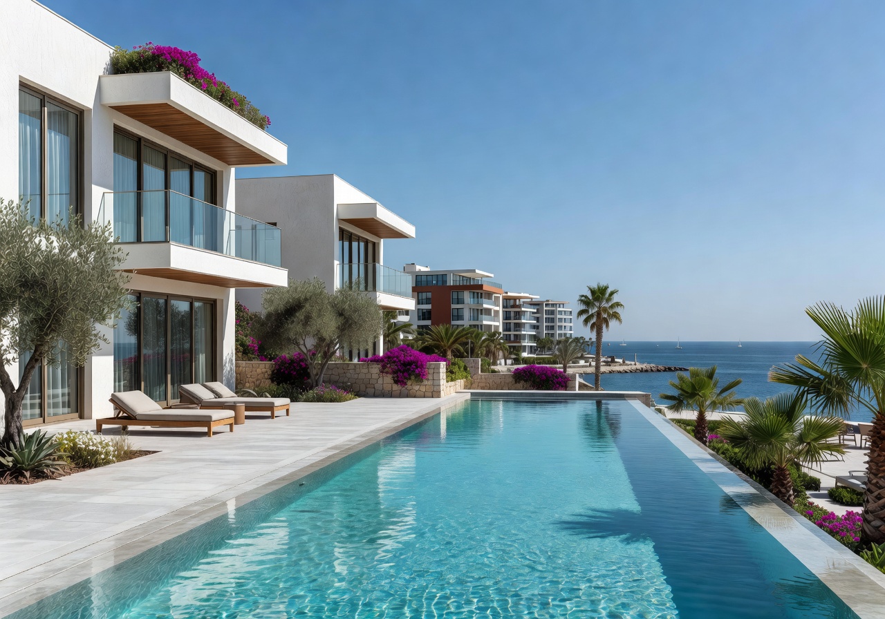 House Prices in Cyprus 2026: Complete District-by-District Guide 2 Modern luxury apartment complex with swimming pool in a Cyprus coastal city