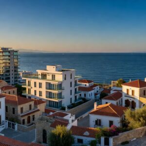 Panoramic view of Cyprus coastal cityscape with Mediterranean Sea and modern residential buildings
