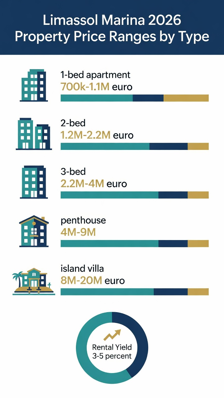 Infographic of Limassol Marina 2026 property price ranges and rental yields