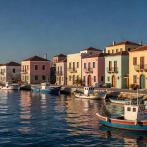Paphos harbor with traditional buildings and Mediterranean blue water at golden hour, Cyprus