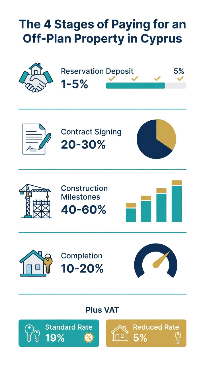 Off-Plan Property in Cyprus: The Complete 2026 Buyer's Guide 1 Infographic of the four payment stages and VAT rates for off-plan property in Cyprus