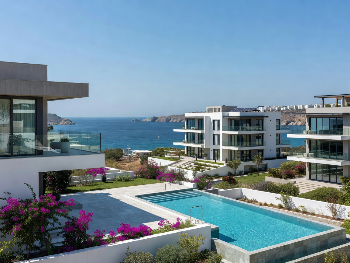 Modern villas and apartment buildings with pools along the Cyprus coastline