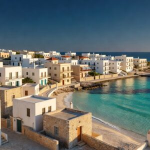 Aerial view of a Mediterranean coastal town in Cyprus with houses and apartments by the turquoise sea, representing property for sale in Cyprus