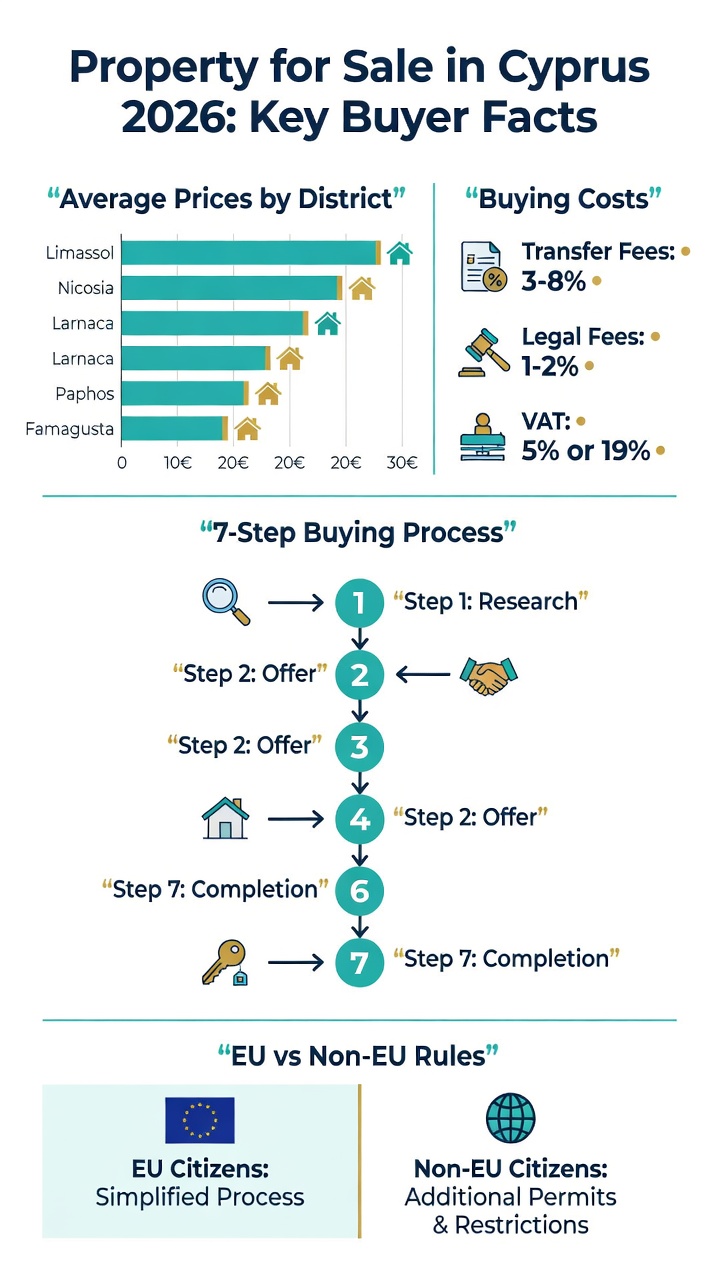 Infographic of property for sale in Cyprus 2026: prices by district, buying costs, the buying process and ownership rules