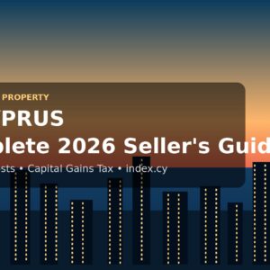 Selling property in Cyprus: a sold residential property with a SOLD sign against a Cyprus sunset skyline