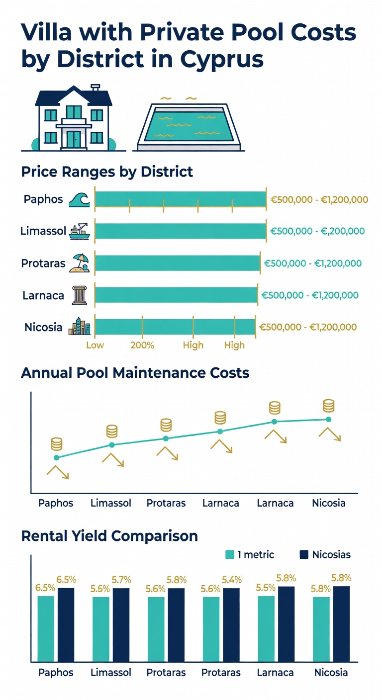 Infographic showing villa with private pool costs by district in Cyprus including Paphos, Limassol, Protaras, Larnaca and Nicosia price ranges and annual maintenance costs