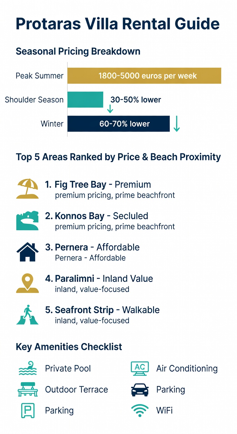 Villas for Rent in Protaras: Complete 2026 Guide to Holiday & Long-Term Rentals 1 Infographic showing Protaras villa rental prices by season, top areas, and key amenities checklist