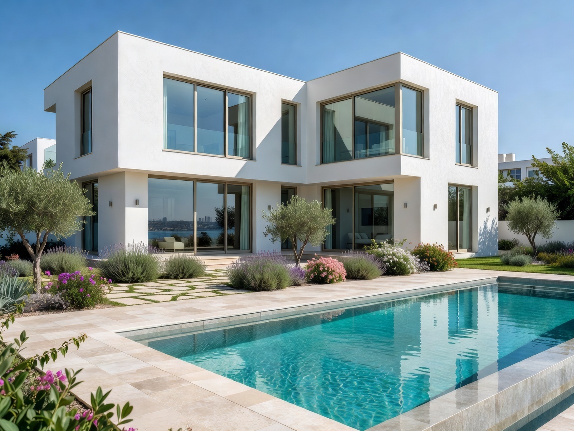 Newly built contemporary Cyprus home with white facade, pool and landscaped garden