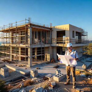 Modern Cyprus villa under construction on a sunny plot with an architect reviewing plans