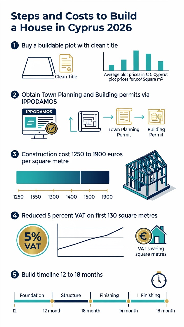 Infographic showing the five steps and costs to build a house in Cyprus in 2026