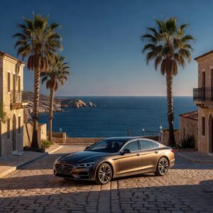 Buying a car in Cyprus: a modern car parked on a Mediterranean coastal street in Cyprus