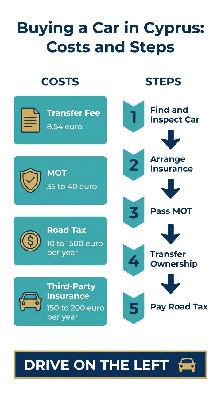Buying a Car in Cyprus: The Complete 2026 Guide for New Residents 2 Infographic showing costs and steps for buying a car in Cyprus
