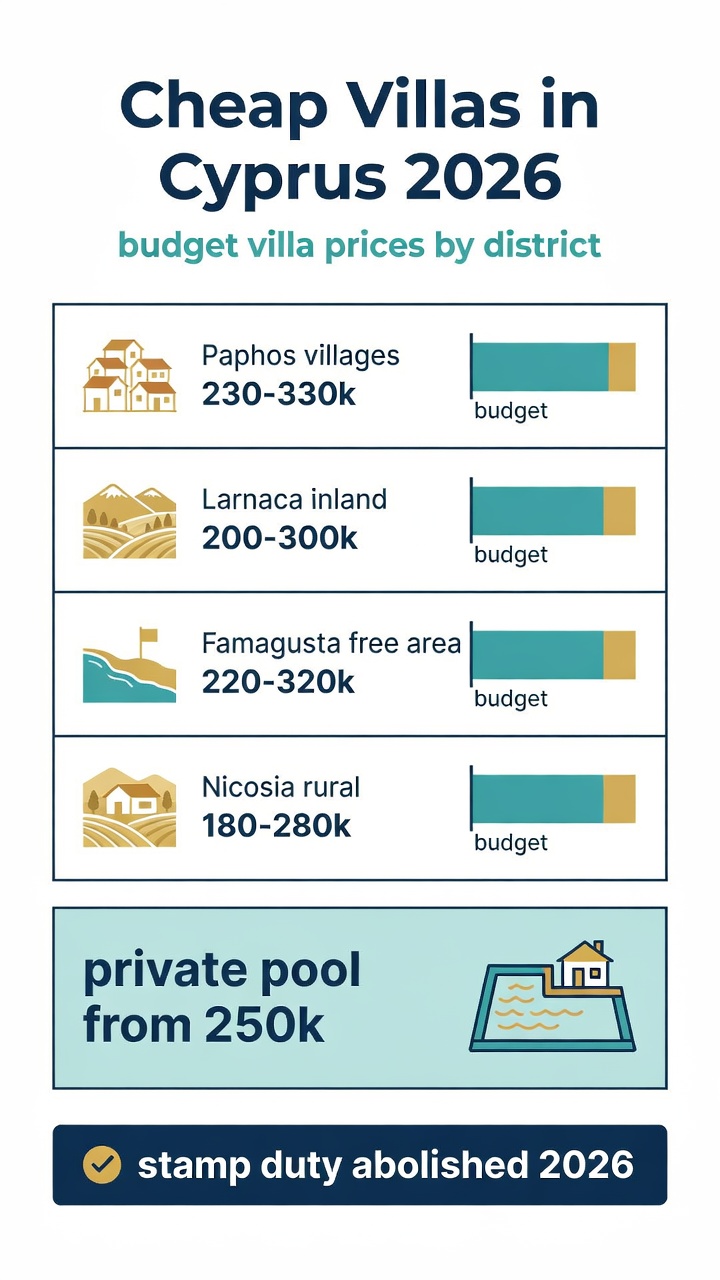 Cheap Villas in Cyprus: The Complete 2026 Buyer's Guide 1 Cheap villas in Cyprus 2026 budget prices by district infographic