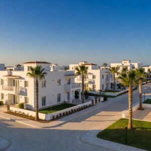 Sunlit Cyprus residential neighbourhood with Mediterranean apartments and palm trees