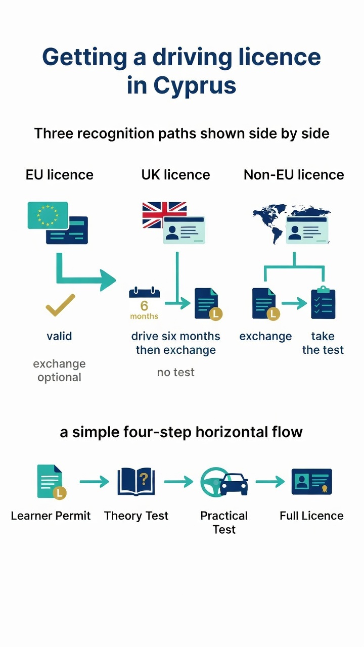 Driving Licence in Cyprus: The Complete 2026 Guide 1 Infographic of EU, UK and non-EU driving licence recognition rules and the learner-to-licence path in Cyprus