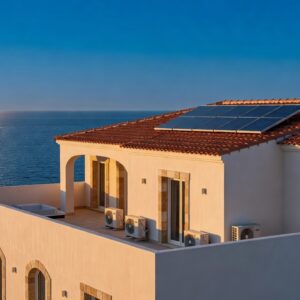 Cyprus villa at sunset with rooftop solar panels and air conditioning units overlooking the sea