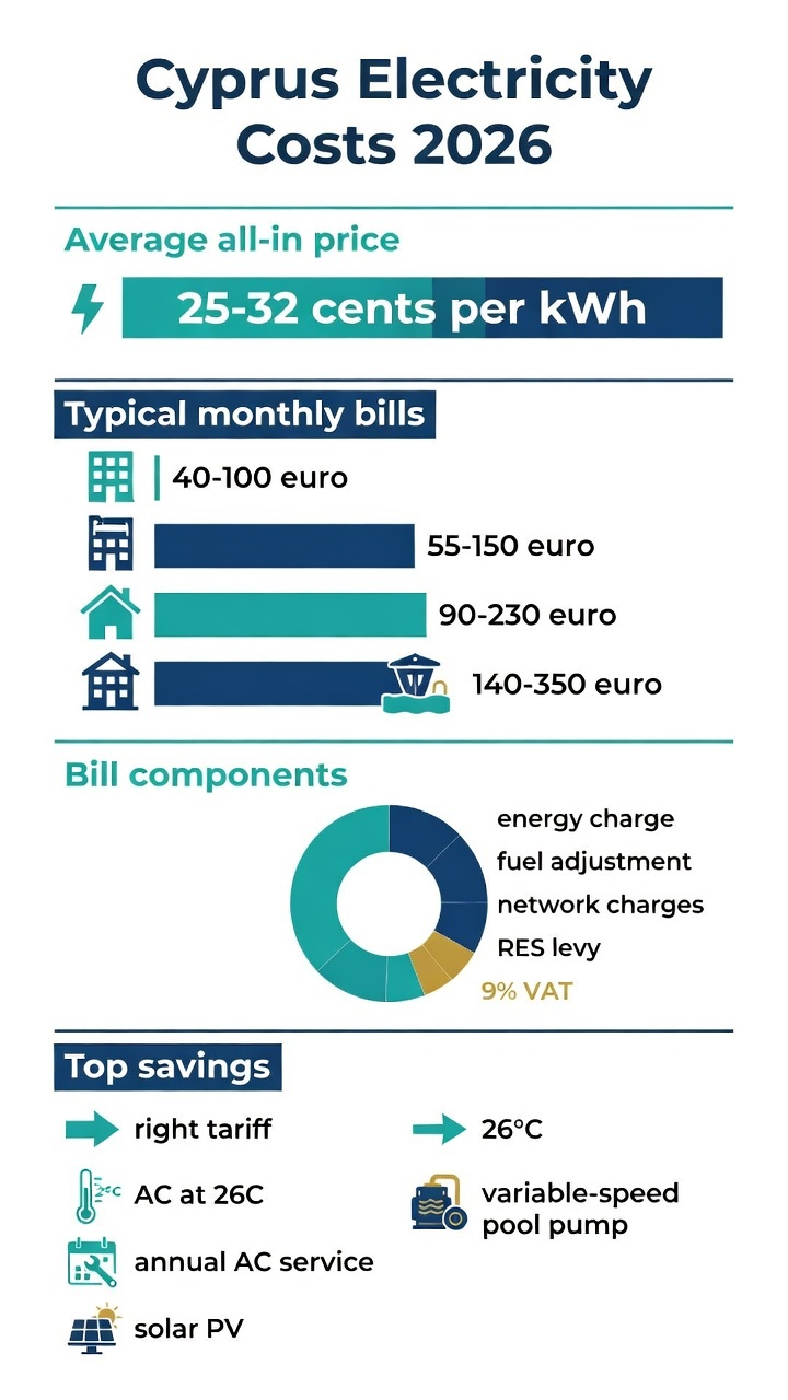 Electricity in Cyprus: The Complete 2026 Guide to Costs, EAC Tariffs and Utility Bills 1 Infographic showing Cyprus electricity costs 2026: price per kWh, typical monthly bills by property type, bill components and top savings