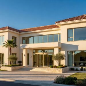 Modern private medical clinic building in Cyprus with Mediterranean architecture and palm trees