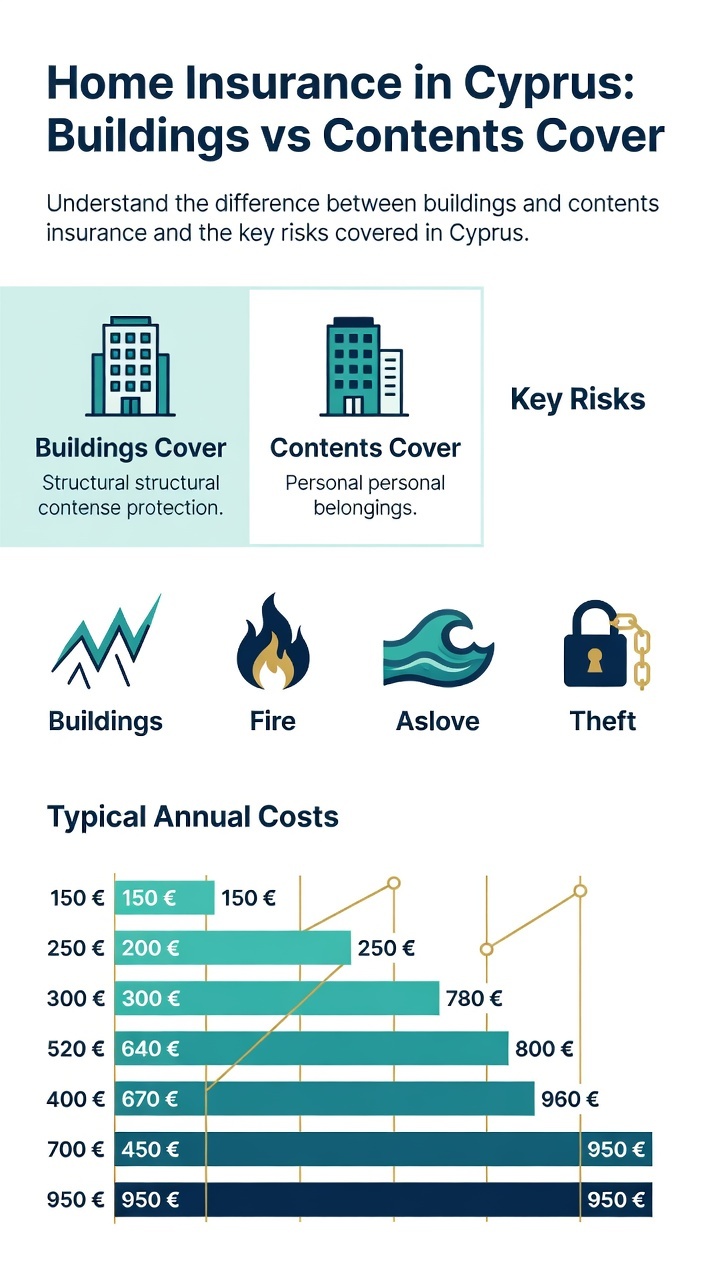 Home Insurance in Cyprus: The Complete 2026 Guide to Buildings & Contents Cover 1 Infographic: home insurance in Cyprus cover types, key risks and typical 2026 annual costs