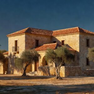 Traditional Cyprus stone villa surrounded by olive trees at golden hour