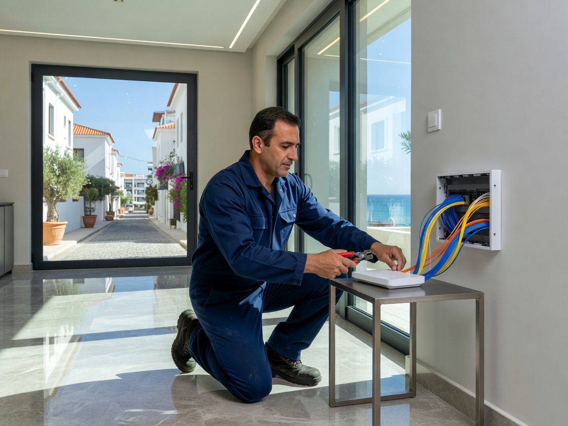 Internet in Cyprus: The Complete 2026 Guide to Providers, Speeds & Costs 2 Technician installing fibre broadband and a router in a Cyprus apartment building